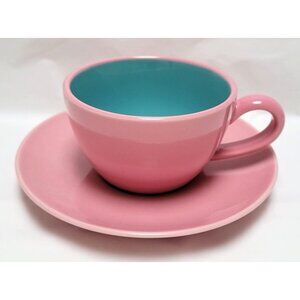 Vintage Mid 1980s Lindt Stymeist Pink & Teal Ceramic Cup and 6" Saucer Set